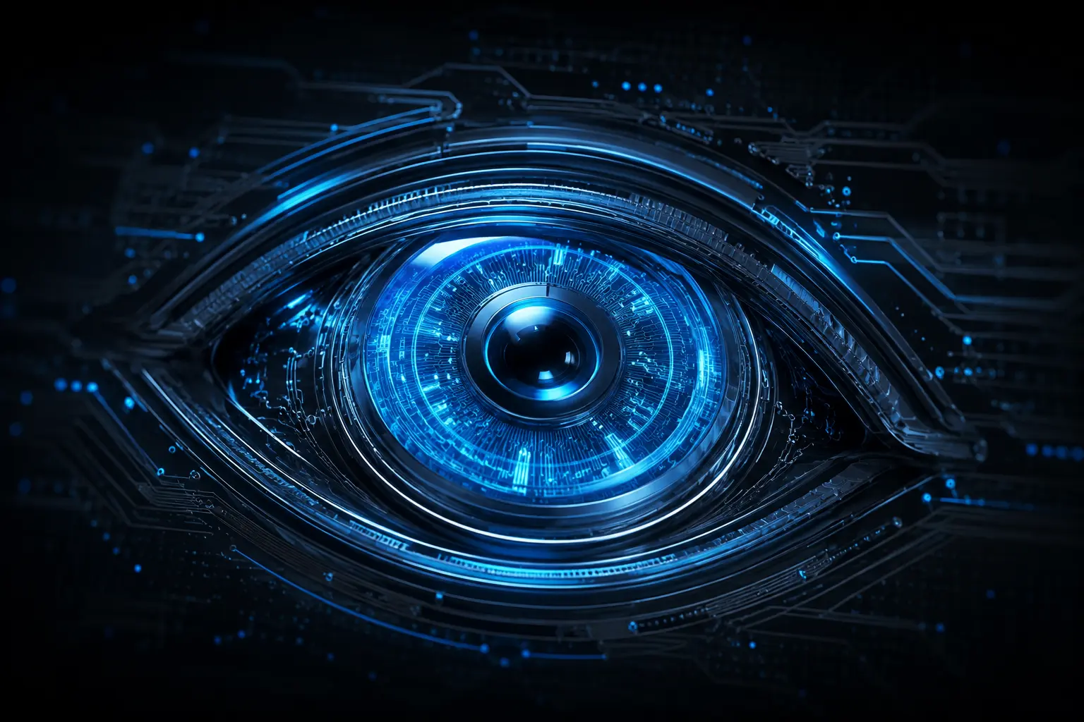 A blue optical lens made from layered glass and circuit traces